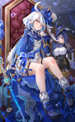 2girls :3 absurdres ahoge arms_behind_back ascot asymmetrical_gloves black_footwear black_skirt blue_ascot blue_bow blue_eyes blue_gemstone blue_gloves blue_hair blue_hat blue_jacket bow breasts capelet chinese_commentary clorinde_(genshin_impact) commentary corset drop-shaped_pupils finger_to_mouth framed_breasts full_body furina_(genshin_impact) garter_straps gem genshin_impact gloves hair_between_eyes hana_(zwjx8425) hand_up hat hat_bow head_tilt heterochromia high_heels highres huge_ahoge jacket ouji_fashion large_breasts light_blue_hair lolita_fashion long_hair looking_at_another looking_at_viewer miniskirt mismatched_gloves multicolored_hair multiple_girls on_chair purple_ascot purple_capelet purple_eyes shorts sitting skirt smug splendor_of_tranquil_waters_(genshin_impact) standing streaked_hair sword symbol-shaped_pupils thighs top_hat tricorne vision_(genshin_impact) weapon white_gloves white_hair white_shorts