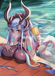 Rule 34 | 1girl, ass, black one-piece swimsuit, body markings, breast rest, breasts, cleavage, collarbone, colored skin, competition swimsuit, cup, dark-skinned female, dark skin, drinking glass, drinking straw, earrings, fate/grand order, fate (series), grey skin, hand on own chest, highres, horns, huge breasts, ibuki douji (fate), ibuki douji (swimsuit berserker) (fate), ibuki douji (swimsuit berserker) (first ascension) (fate), jewelry, looking at viewer, monster girl, multicolored hair, one-piece swimsuit, oni, oni horns, open mouth, partially submerged, pointy ears, pool, red eyes, sidelocks, swimsuit, tail, two-tone hair, two-tone swimsuit, water