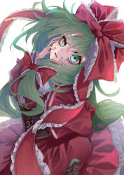 Rule 34 | 1girl, absurdres, bow, corset, cowboy shot, dress, floating hair, frills, front ponytail, green eyes, green hair, green nails, hair bow, hair ribbon, hands on own cheeks, hands on own face, highres, kagiyama hina, long hair, looking at viewer, muraryo, nail polish, parted lips, petticoat, red bow, red dress, red ribbon, ribbon, simple background, solo, swept bangs, touhou, uneven eyes, very long hair, white background