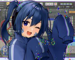 Rule 34 | 1girl, :d, blue eyes, blue hair, blue jacket, ene (kagerou project), facial mark, glitch, headphones, highres, jacket, kagerou project, looking at viewer, one eye closed, open mouth, sleeves past fingers, sleeves past wrists, smile, solo, tananuki, track jacket, twintails, window (computing)