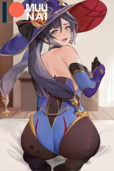 Rule 34 | 1girl, aqua eyes, ass, back, bare shoulders, black gloves, black hair, black pantyhose, blue hat, blue leotard, bodystocking, breasts, choker, detached sleeves, earrings, elbow gloves, genshin impact, gloves, gold trim, hat, hat ornament, highleg, highleg leotard, highres, jewelry, leotard, long hair, looking at viewer, looking back, medium breasts, mona (genshin impact), muunai, on bed, open mouth, pantyhose, pussy juice, seiza, sitting, solo, star (symbol), star earrings, twintails, witch hat
