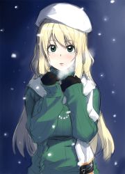 Rule 34 | 1girl, alternate costume, aran sweater, atago (kancolle), beret, black gloves, blonde hair, blush, breath, cable knit, gloves, green eyes, green sweater, hat, jewelry, kantai collection, long hair, necklace, night, ribbed sweater, scarf, snowing, solo, sweater, tachibana roku, tears, white hat, white scarf