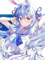 Rule 34 | 1girl, absurdres, animal ear fluff, animal ears, arm behind head, belt, blue hair, blue neckerchief, blue ribbon, blush, breasts, carrot hair ornament, choker, commentary request, dress, food-themed hair ornament, grin, hair ornament, hair ribbon, haruhina purple, highres, hololive, long hair, looking at viewer, neckerchief, official alternate costume, rabbit ears, red eyes, ribbon, sailor collar, short sleeves, smile, solo, thick eyebrows, usada pekora, usada pekora (casual), virtual youtuber, white belt, white choker, white dress, white sailor collar