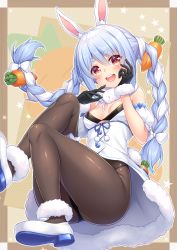 Rule 34 | 1girl, :d, absurdres, animal ears, bare shoulders, black gloves, black leotard, blue hair, blush, bow, braid, breasts, brown pantyhose, carrot hair ornament, commentary request, detached sleeves, don-chan (usada pekora), dress, food-themed hair ornament, fur-trimmed dress, fur-trimmed gloves, fur trim, gloves, hair between eyes, hair bow, hair ornament, hands up, highres, hololive, hololive fantasy, leotard, long hair, looking at viewer, multicolored hair, open mouth, pantyhose, puffy short sleeves, puffy sleeves, rabbit-shaped pupils, rabbit ears, rabbit girl, rabbit tail, red eyes, shoes, short eyebrows, short sleeves, small breasts, smile, solo, strapless, strapless dress, strapless leotard, symbol-shaped pupils, tail, teeth, thick eyebrows, twin braids, twintails, two-tone hair, upper teeth only, usada pekora, usada pekora (1st costume), very long hair, virtual youtuber, wakagi repa, white bow, white dress, white footwear, white hair, white sleeves