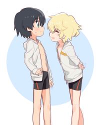 Rule 34 | 10s, 2boys, arms behind back, bad id, bad pixiv id, black hair, blonde hair, blue eyes, blush, commentary request, darling in the franxx, closed eyes, hiro (darling in the franxx), hood, hooded jacket, jacket, looking at another, male focus, mt.somo, multiple boys, nine alpha (darling in the franxx), open clothes, open jacket, short hair, sweat, white jacket