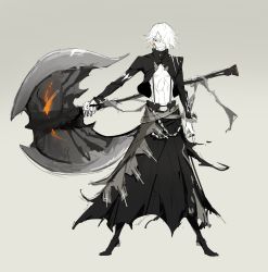Rule 34 | 1boy, axe, belt, cloak, colored skin, cross, earrings, gradient background, grey background, hair over one eye, highres, holding, holding axe, holding weapon, huge weapon, jewelry, looking at viewer, male focus, orange eyes, original, parted lips, ring, simple background, sketch, smile, solo, standing, torn, torn cloak, torn clothes, viiiper, weapon, white hair, white skin