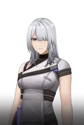 1girl absurdres ak-15_(girls&#039;_frontline) alternate_costume artist_name breasts closed_mouth commentary english_commentary girls&#039;_frontline girls&#039;_frontline_2:_exilium grey_hair hair_over_one_eye highres long_hair looking_at_viewer matsu_arts purple_eyes simple_background solo twitter_username upper_body white_background