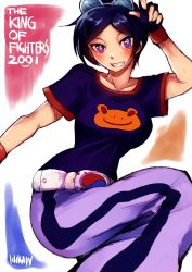 Rule 34 | 1girl, belt, blue hair, blush, breasts, copyright name, fingerless gloves, gloves, goggles, goggles on head, grin, highres, ichigai (hayawossan), may lee, pants, purple eyes, shirt, short hair, smile, solo, t-shirt, the king of fighters, the king of fighters 2001