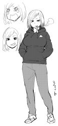 Rule 34 | 1girl, bad id, bad tumblr id, breasts, greyscale, hands in pockets, highres, hood, hoodie, large breasts, looking at viewer, monochrome, open mouth, pants, shoes, short hair, simple background, sketch, smile, sneakers, solo, synecdoche, white background