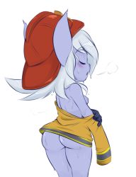 Rule 34 | 1girl, ass, back, bandlebro, bare shoulders, blue skin, blush, bottomless, breasts, colored skin, closed eyes, hat, league of legends, long sleeves, nipples, no bra, open mouth, pointy ears, shirt, simple background, solo, sweat, tristana, undressing, white background, white hair, yordle