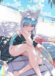 Rule 34 | 1boy, 2girls, animal ears, aqua eyes, bare arms, bare legs, bare shoulders, barefoot, beach, blue archive, breasts, cat ears, closed mouth, commentary request, extra ears, eyes visible through hair, goggles, goggles on head, grey hair, halo, innertube, large breasts, looking at viewer, multiple girls, ocean, official alternate costume, ohland, one-piece swimsuit, outdoors, serika (blue archive), serika (swimsuit) (blue archive), shiroko (blue archive), shiroko (swimsuit) (blue archive), sitting, solo focus, swim ring, swimsuit, thighs, water, wolf ears