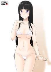 Rule 34 | 1girl, bikini, black hair, blush, breasts, highres, hip focus, hornet (artist), legs, long hair, looking at viewer, navel, purple eyes, shadow, simple background, smile, solo, standing, swimsuit, thighs, thong, white background