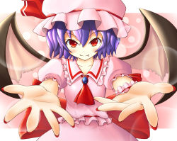 Rule 34 | 1girl, bad id, bad pixiv id, bat wings, fang, female focus, foreshortening, hat, lens flare, looking at viewer, nail polish, outstretched arms, outstretched hand, purple hair, reaching, reaching towards viewer, red eyes, red nails, remilia scarlet, short hair, slit pupils, smile, solo, touhou, wings, yunomi chawan