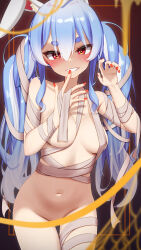 Rule 34 | 1girl, absurdres, animal ear fluff, animal ears, bandaged arm, bandaged hand, bandaged leg, bandaged torso, bandages, bare shoulders, between breasts, blue hair, blurry, blurry foreground, blush, border, bottomless, braid, breasts, brown background, claw pose, commentary, convenient censoring, cowboy shot, eyelashes, film grain, gradient hair, groin, hair between eyes, hair half undone, halloween, halloween costume, hand on own face, highres, hikimayu, hololive, leaning forward, long hair, looking at viewer, loose bandages, medium breasts, messy hair, multicolored hair, mummy, mummy costume, nail polish, naughty face, navel, oishi kuwagata, orange border, outside border, paid reward available, parted lips, rabbit ears, rabbit girl, red eyes, red nails, revealing clothes, short eyebrows, silk, smile, solo, spider web, streamers, symbol-shaped pupils, thick eyebrows, twin braids, two-tone hair, undressing, usada pekora, very long hair, virtual youtuber, white hair