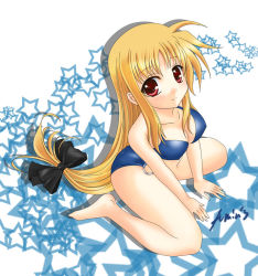 Rule 34 | 00s, 1girl, amicis, blonde hair, fate testarossa, long hair, low-tied long hair, lyrical nanoha, mahou shoujo lyrical nanoha, mahou shoujo lyrical nanoha strikers, red eyes, solo, star (symbol), starry background, swimsuit, very long hair