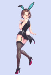 Rule 34 | 10s, 1girl, absurdres, animal ears, artist request, ass, bare shoulders, black footwear, black thighhighs, blowing kiss, blue background, breasts, brown eyes, brown hair, coattails, detached collar, fake animal ears, fishnets, from behind, full body, garter straps, hairband, high heels, highres, idolmaster, idolmaster cinderella girls, leotard, looking at viewer, looking back, mizuki seira, one eye closed, playboy bunny, pumps, rabbit ears, rabbit tail, shiny clothes, shoe soles, shoes, short hair, short shorts, shorts, simple background, sleeveless, solo, standing, standing on one leg, tail, thighhighs, wrist cuffs