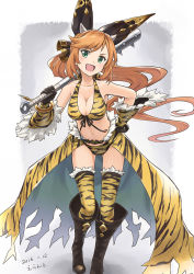 Rule 34 | 10s, 1girl, 2016, :d, animal print, bare shoulders, bikini, black gloves, blush, breasts, brown hair, cape, clarisse (granblue fantasy), cleavage, club (weapon), dated, errant, female focus, front-tie top, gloves, granblue fantasy, green eyes, hair ribbon, horns, kanabou, large breasts, long hair, looking at viewer, navel, oni, open mouth, ponytail, ribbon, simple background, smile, solo, swimsuit, thighhighs, tiger print, weapon