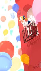 Rule 34 | 1girl, :d, absurdres, balcony, balloon, barefoot, bent over, blonde hair, blue bow, blue eyes, blurry, blurry foreground, bow, building, curtains, feet, female focus, hair bow, highres, kidori, against railing, open mouth, original, railing, shadow, short shorts, shorts, sidelocks, signature, smile, solo, tank top, white tank top