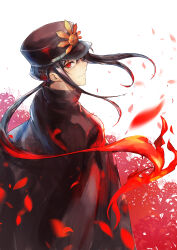 1boy absurdres black_cape black_hair black_hat blurry cape closed_mouth depth_of_field falling_petals fate/grand_order fate_(series) fiery_hair floating_cape floating_hair flower from_above from_behind hair_between_eyes hat high_collar highres kepi kono_ya looking_at_viewer looking_back low_ponytail male_focus military_hat oda_nobukatsu_(fate) petals ponytail red_eyes red_flower red_petals shaded_face sidelocks smile spider_lily white_background