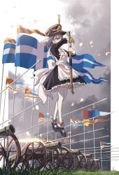 Rule 34 | 1girl, absurdres, apron, black footwear, black hair, blue eyes, cannon, dress, flag, frilled apron, frilled dress, frills, hat, highres, holding, holding sheath, holding sword, holding weapon, hololive, hololive english, jl tan, long sleeves, medium hair, ouro kronii, sheath, shoes, solo, sword, thighhighs, unsheathing, virtual youtuber, weapon, white apron, white thighhighs