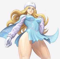 Rule 34 | 1girl, alternate costume, blonde hair, blue dress, blue eyes, breasts, capelet, dress, figure skater, from below, gloves, grey background, kolin, large breasts, lips, long hair, looking at viewer, looking down, noppo (tarstation), simple background, smile, solo, standing, street fighter, street fighter v, thick thighs, thighs, upskirt, white background, wide hips