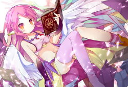 Rule 34 | 10s, 1girl, angel wings, blush, book, breasts, bridal gauntlets, bright pupils, spiked halo, feathered wings, halo, jibril (no game no life), long hair, looking at viewer, low wings, magic circle, midriff, navel, no game no life, open book, pink hair, purple thighhighs, saru, shoes, single shoe, single thighhigh, solo, thighhighs, white wings, wings, yellow eyes