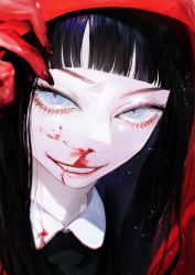 Rule 34 | 1girl, absurdres, black hair, black nails, blood, blood from mouth, blood on clothes, blood on face, blue eyes, blunt bangs, close-up, colored skin, eyelashes, eyeshadow, fang, fingernails, gradient nails, highres, hood, hood up, long eyelashes, long fingernails, long hair, looking at viewer, makeup, nail polish, nanase miri, nosebleed, original, parted lips, portrait, purple eyeshadow, red skin, slit pupils, smile, solo, teeth, upper body