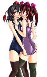 Rule 34 | 2girls, alternate costume, ass, ass grab, bad id, bad pixiv id, black hair, blush, brown hair, collarbone, fang, female focus, flat ass, grabbing another&#039;s ass, groping, hat, highres, himekaidou hatate, multiple girls, one-piece swimsuit, open mouth, purple eyes, red eyes, school swimsuit, shameimaru aya, shiny clothes, short hair, skindentation, smile, swimsuit, tera hiroshi, thighhighs, tokin hat, touhou, twintails, white background