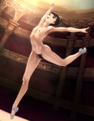 Rule 34 | 1girl, arched back, arms up, ballerina, ballet slippers, black eyes, black hair, dancing, dark nipples, dutch angle, female pubic hair, flat chest, full body, highres, indoors, karasuma sachiko, moderate pubic hair, navel, nipples, nude, nudist, open mouth, original, plantar flexion, pubic hair, ribs, shoes, solo, standing, standing on one leg, tiptoes, yuzawa, zenra