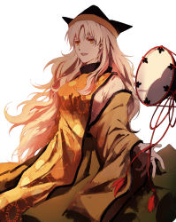 Rule 34 | 1girl, absurdres, black hat, blonde hair, breasts, brown hat, cape, detached sleeves, drum, green skirt, hat, highres, instrument, light, long hair, long sleeves, looking to the side, matara okina, medium breasts, open mouth, orange cape, orange sleeves, shadow, shirt, simple background, skirt, smile, solo, sun symbol, touhou, tsuzumi, white background, white shirt, wide sleeves, yellow eyes