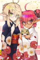 Rule 34 | 2girls, ahoge, bad id, bad pixiv id, black-framed eyewear, blonde hair, blush, boar, braid, character request, chinese zodiac, closed mouth, fingernails, floral print, flower, glasses, green eyes, grin, hair between eyes, hair flower, hair ornament, hairpin, hand up, holding, iraruju, iriam, japanese clothes, kimono, long pointy ears, long sleeves, looking at viewer, mole, mole under eye, multiple girls, nail polish, new year, obi, pink eyes, pink hair, pink nails, pointy ears, sash, short hair, slit pupils, smile, standing, tanyatonya, twintails, v, virtual youtuber, white-framed eyewear, wide sleeves, year of the pig