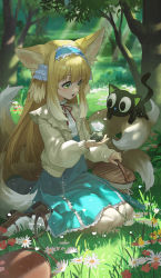 Rule 34 | 1girl, absurdres, animal ears, arknights, black cat, blue dress, blue hairband, bug, butterfly, cardigan, cat, dappled sunlight, day, dress, flower, forest, fox ears, fox girl, fox tail, frilled hairband, frills, grass, green eyes, hairband, highres, insect, kitsune, long sleeves, luo xiaohei, multiple tails, nature, neck ribbon, official alternate costume, open cardigan, open clothes, open hand, open mouth, outdoors, red ribbon, ribbon, sitting, solo, sunlight, suzuran (arknights), suzuran (spring praise) (arknights), tail, luo xiaohei zhanji, tree, ttk (kirinottk), wariza, white flower, yellow cardigan