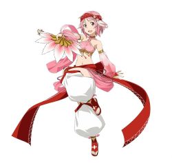 Rule 34 | 10s, 1girl, breasts, cleavage, dancer, detached sleeves, full body, hair ornament, lisbeth (sao), lisbeth (sao-alo), long hair, navel, open mouth, pink eyes, pink hair, red ribbon, ribbon, see-through, short hair, simple background, small breasts, solo, sword art online, sword art online: code register, watermark, white background