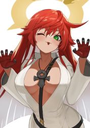 Rule 34 | 1girl, bodysuit, breasts, broken halo, center opening, flasso, guilty gear, guilty gear strive, halo, highres, jack-o&#039; valentine, kemonomimi mode, large breasts, long hair, one eye closed, red hair, slit pupils, solo, tongue, tongue out