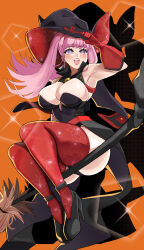 Rule 34 | 1girl, :d, absurdres, alternate costume, armpits, bare shoulders, black footwear, black hat, breasts, broom, ceroccb, cleavage, commentary, costume, earrings, english commentary, female focus, fire emblem, fire emblem: three houses, gloves, halloween, halloween costume, hat, high heels, highres, hilda valentine goneril, jewelry, large breasts, long hair, nintendo, open mouth, orange background, pink hair, pink lips, purple eyes, red gloves, red thighhighs, sitting, smile, solo, thick thighs, thighhighs, thighs, twitter username, witch hat