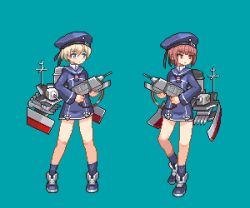 Rule 34 | 10s, 2girls, aqua background, blue eyes, brown eyes, brown hair, cannon, e79, hat, kantai collection, long sleeves, lowres, multiple girls, pixel art, sailor hat, short hair, silver hair, simple background, turret, weapon, z1 leberecht maass (kancolle), z3 max schultz (kancolle)