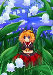 Rule 34 | 1girl, blonde hair, female focus, flower, hugging doll, hugging object, lily of the valley, medicine melancholy, mini person, minigirl, short hair, solo, su-san, touhou
