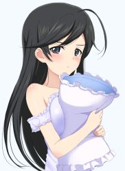 Rule 34 | 10s, 1girl, ahoge, bare shoulders, black hair, blue background, blue eyes, blush, breasts, collarbone, denkaisui, girls und panzer, isuzu hana, long hair, looking at viewer, medium breasts, hugging object, pillow, pillow hug, pout, simple background, solo, upper body, white background