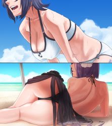 Rule 34 | 10s, 2girls, amino, amino (tn7135), ass, back, bad anatomy, beach, bikini, breasts, cleavage, curvy, day, covered erect nipples, flower, hair flower, hair ornament, hanging breasts, head out of frame, highres, kantai collection, large breasts, lying, multiple girls, ocean, on side, open mouth, outdoors, parted lips, purple hair, sand, sarong, shade, short hair, sky, sweat, swimsuit, tatsuta (kancolle), tenryuu (kancolle), water, wet, wide hips