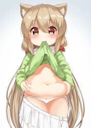Rule 34 | 1girl, animal ear fluff, belly grab, blush, bow, bow panties, brown hair, clothes in mouth, clothes lift, clothes pull, commentary request, gradient background, green shirt, grey background, hair between eyes, hair ornament, hair scrunchie, highres, long hair, looking at viewer, low twintails, mouth hold, navel, open clothes, open skirt, original, panties, pleated skirt, plump, red eyes, red scrunchie, sailor collar, scrunchie, shirt, shirt in mouth, shirt lift, skirt, skirt pull, solo, sora (silent square), stomach, thighhighs, twintails, underwear, very long hair, white background, white panties, white sailor collar, white skirt, white thighhighs