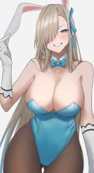 Rule 34 | 1girl, animal ears, asuna (blue archive), black pantyhose, blonde hair, blue archive, blue eyes, bow, bowtie, breasts, cleavage, collar, gloves, gluteal fold, grin, hair over one eye, highleg, highleg leotard, highres, large breasts, leotard, looking at viewer, mole, mole on breast, one eye covered, pantyhose, playboy bunny, rabbit ears, renzu (lens 02), skindentation, smile, solo, thigh gap, thighs, white gloves