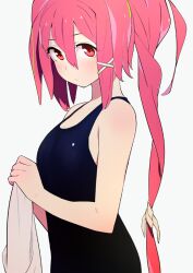 Rule 34 | 1girl, black one-piece swimsuit, blush, breasts, closed mouth, hair ornament, holding, holding towel, i-168 (kancolle), kantai collection, long hair, looking at viewer, one-piece swimsuit, pink hair, ponytail, red eyes, simple background, small breasts, sohin, solo, swimsuit, towel, x hair ornament