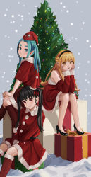 Rule 34 | 3girls, absurdres, alternate costume, bare legs, bare shoulders, black footwear, black hairband, blonde hair, blue hair, brown hair, christmas, christmas lights, christmas tree, closed mouth, commentary, detached sleeves, dress, elbow rest, english commentary, gift, grey background, hachikuji mayoi, hair ribbon, hairband, hat, high heels, highres, kneehighs, long hair, long sleeves, looking at viewer, monogatari (series), multiple girls, nemo ringo, ononoki yotsugi, oshino shinobu, parted lips, pointy ears, red dress, red eyes, red legwear, red ribbon, red sleeves, ribbon, santa costume, santa dress, santa hat, short sleeves, sitting, smile, snow, snowing, socks, thick eyebrows, twintails, yellow eyes