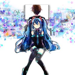 Rule 34 | 1boy, 1girl, blue hair, boots, detached sleeves, closed eyes, hatsune miku, hoshino kisora, long hair, necktie, sitting, skirt, smile, thigh boots, thighhighs, twintails, very long hair, vocaloid