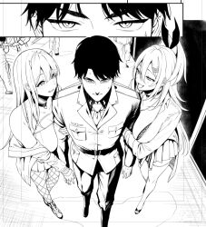Rule 34 | 1boy, 2girls, 3others, amano don, black hair, breasts, choker, closed mouth, commander (nikke), formal, goddess of victory: nikke, holding another&#039;s arm, large breasts, long hair, long sleeves, monochrome, multiple girls, multiple others, necktie, open mouth, rupee (nikke), short hair, skirt, smile, suit, sweat, viper (nikke), walking, worried