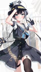 Rule 34 | 1girl, absurdres, adjusting clothes, adjusting headwear, alternate costume, bag, belt, black gloves, black hair, blue archive, blunt bangs, blurry, casual, clothes shop, commentary request, depth of field, double bun, gloves, hair between eyes, hair bun, halo, handbag, hat, hidulume, highres, holding, holding clothes, holding hat, indoors, kisaki (blue archive), long hair, looking at viewer, parted lips, peaked cap, sailor collar, short sleeves, single thighhigh, solo, thighhighs, thighlet, twintails, v