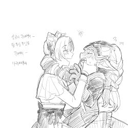 Rule 34 | 2girls, blush, braid, drill hair, fang, frills, from side, greyscale, gwen (league of legends), highres, layered sleeves, league of legends, long hair, long sleeves, monochrome, multiple girls, poppy (league of legends), short over long sleeves, short sleeves, smile, translation request, twin braids, twin drills, upper body, xayahsona 27, yordle