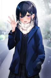 Rule 34 | 1girl, :d, absurdres, bad id, bad pixiv id, black skirt, blue hair, blue jacket, blush, commentary request, day, diagonal-striped clothes, diagonal-striped necktie, hair between eyes, hair ornament, hairclip, hand in pocket, hand up, highres, jacket, long hair, long sleeves, mole, mole under eye, nanashinayuzu mochi, necktie, open mouth, original, outdoors, plaid, plaid skirt, purple eyes, scarf, school uniform, skirt, smile, solo, standing, striped clothes, striped scarf, waving, white scarf
