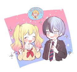 Rule 34 | !, !!, 1girl, 2boys, :d, ^ ^, aoyagi touya, black jacket, blank eyes, blazer, blonde hair, blue hair, blue necktie, blush, blush stickers, buttons, cardigan, chibi, chibi inset, circle, clenched hands, closed eyes, collared shirt, commentary request, constricted pupils, cropped torso, dark blue hair, diagonal-striped clothes, diagonal-striped necktie, double-parted bangs, facing another, framed, gradient background, gradient hair, grey eyes, grey stripes, hair between eyes, hand on own chest, hand up, happy, highres, jacket, kamiyama high school uniform (project sekai), lapels, laughing, blue background, light blue hair, long hair, long sleeves, looking at another, lower teeth only, miyamasuzaka girls&#039; academy school uniform, mole, mole under eye, multicolored background, multicolored hair, multicolored necktie, multiple boys, neckerchief, necktie, notched lapels, open clothes, open jacket, open mouth, outside border, pink background, poppu usagi, project sekai, red neckerchief, red necktie, sailor collar, school uniform, serafuku, shared speech bubble, shirt, short hair, sidelocks, sketch, smile, sparkle, speech bubble, split-color hair, spoken character, star (symbol), striped, striped clothes, teeth, tenma saki, tenma tsukasa, tsurime, twintails, two-tone hair, upper body, upper teeth only, wavy hair, white background, white necktie, white sailor collar, white trim, yellow cardigan