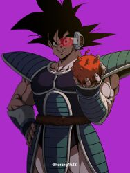 Rule 34 | 1boy, absurdres, armor, artist name, biceps, black eyes, black hair, breastplate, cowboy shot, dragon ball, dragonball z, food, fruit, hair between eyes, hand on own hip, hand up, highres, holding, holding food, holding fruit, horang4628, looking at viewer, male focus, monkey tail, muscular, muscular male, parted lips, purple background, saiyan armor, scouter, shoulder armor, simple background, smile, smirk, solo, spiked hair, standing, tail, tail around waist, teeth, tullece, twitter username, v-shaped eyebrows, vambraces